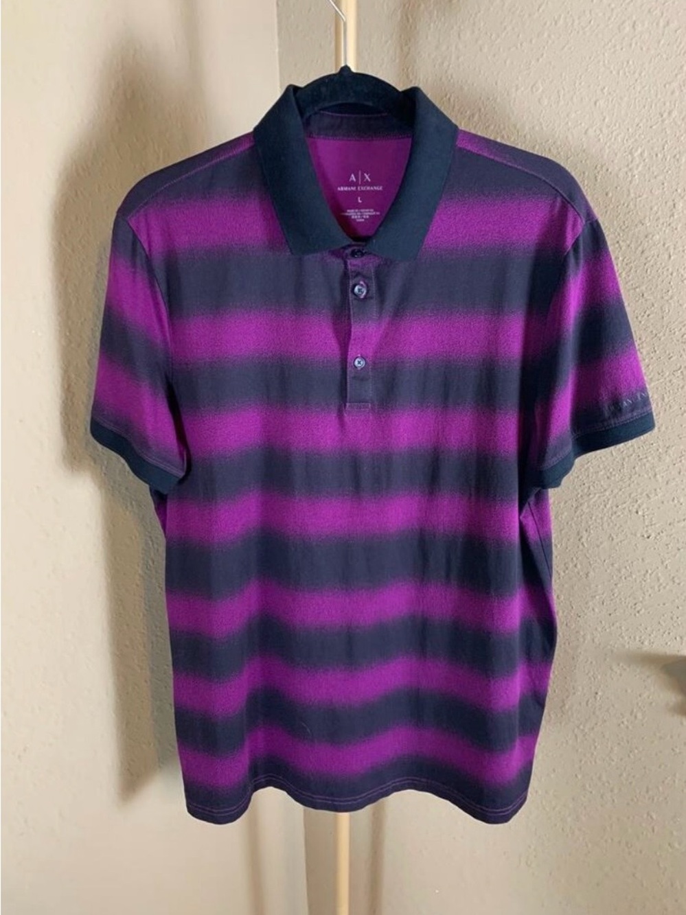 A/X Armani Exchange Polo
Purple/Black Stripe Designer Short Sleeve (Large)